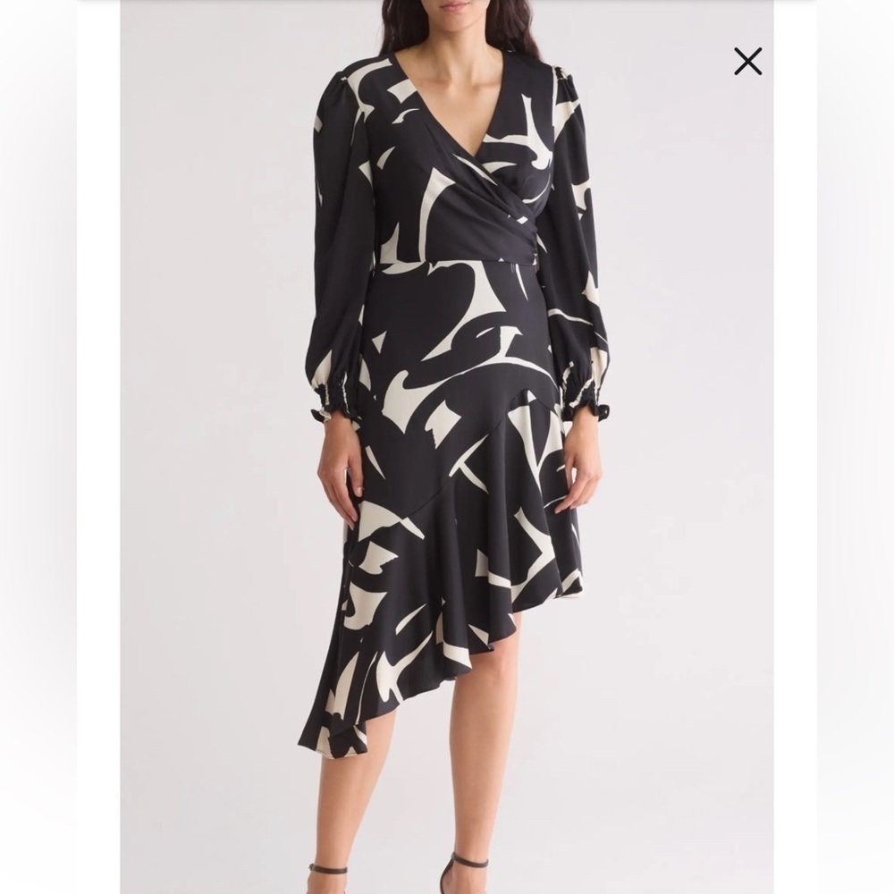 DKNY Womens Dress 10 Black White Geometric Asymmetrical MIDI Long Sleeve New